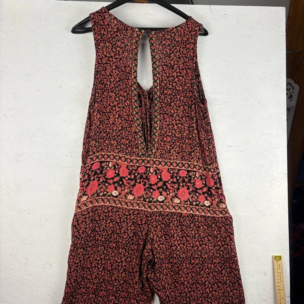 Free People Red Boho Pattern Jumpsuit with V-Neckline and Relaxed Fit Open Back - Picture 9 of 12